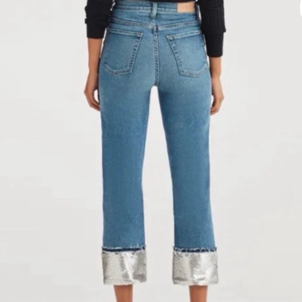 7 For All Mankind Luxe Vintage Sequin Cuff Boyfriend Jeans Blue - Picture 2 of 6